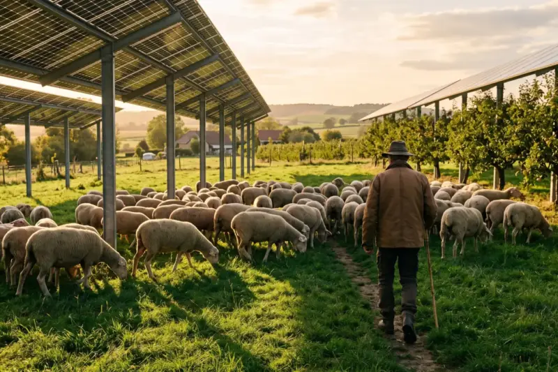 Ovejas pastando a la sombra de paneles solares elevados sobre un prado verde