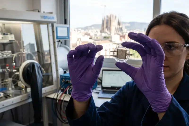Investigadora sostiene una celda de batería experimental en un laboratorio de ciencia de materiales