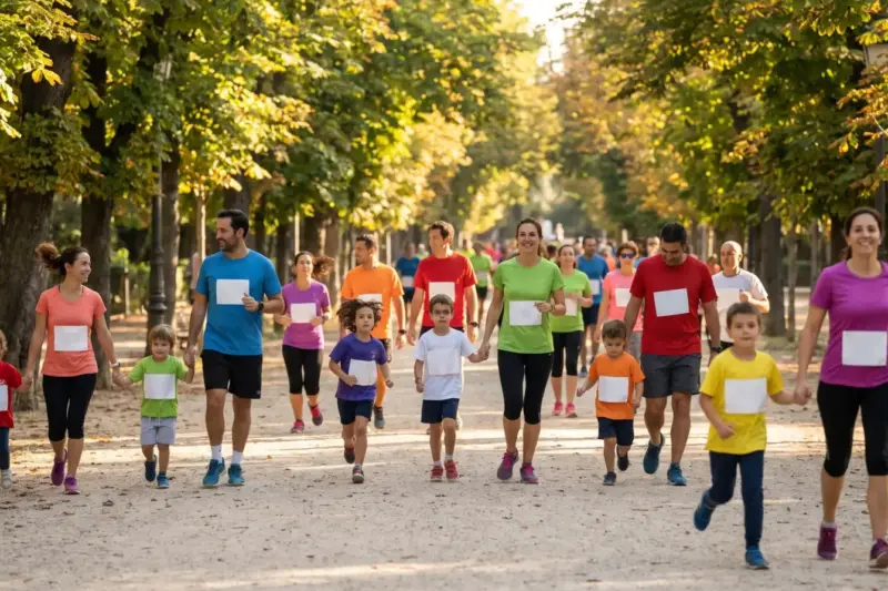 Corredores con dorsal en una carrera solidaria familiar por un parque de Madrid en otoño