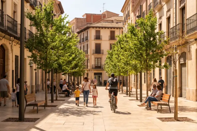 Calle peatonal recién reformada con árboles jóvenes y bancos en el centro de una ciudad mediterránea