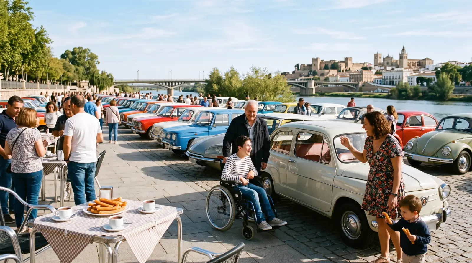 Coches clásicos aparcados en una explanada de Badajoz mientras niños y adultos desayunan juntos