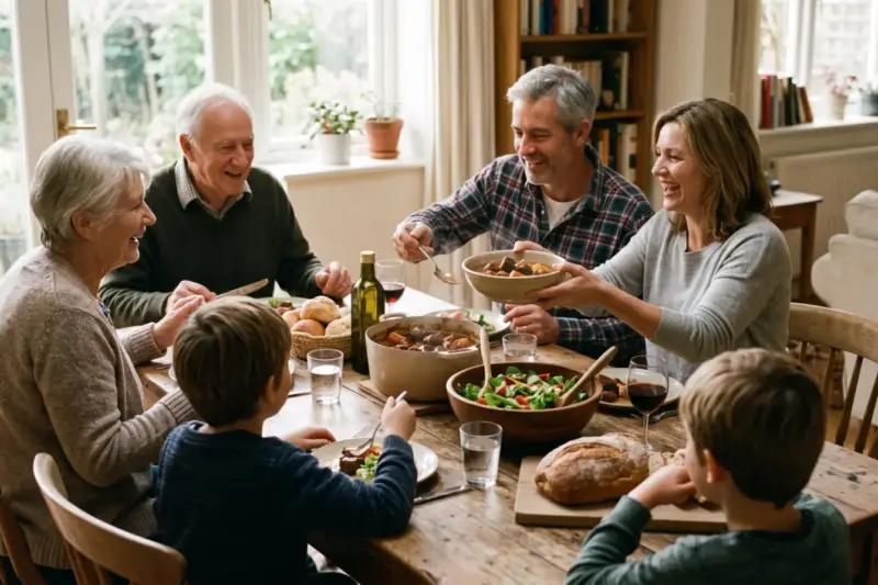 Familia comparte una comida sencilla alrededor de una mesa de madera en un comedor luminoso