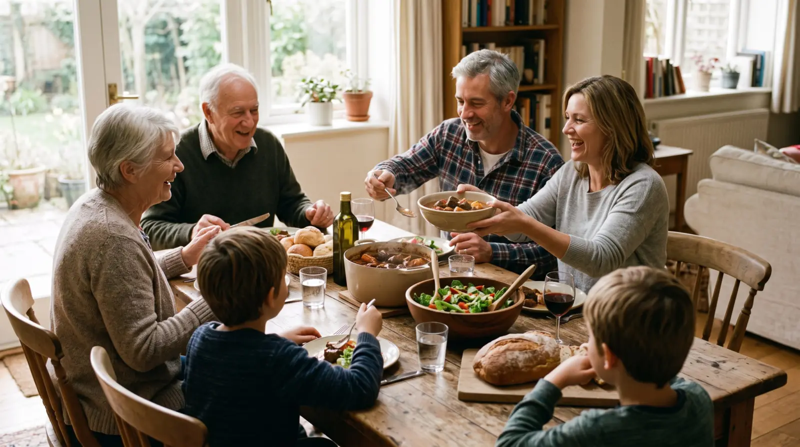 Familia comparte una comida sencilla alrededor de una mesa de madera en un comedor luminoso