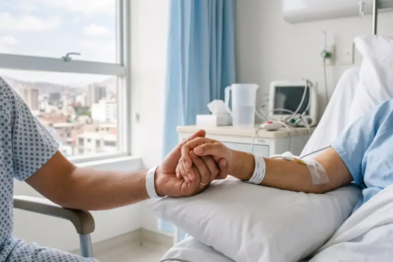 Pareja joven cogida de la mano en la habitación de un hospital tras un trasplante de riñón