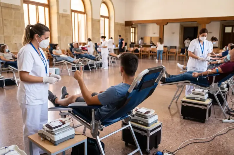 Personas donan sangre tumbadas en camillas durante una colecta en un campus universitario