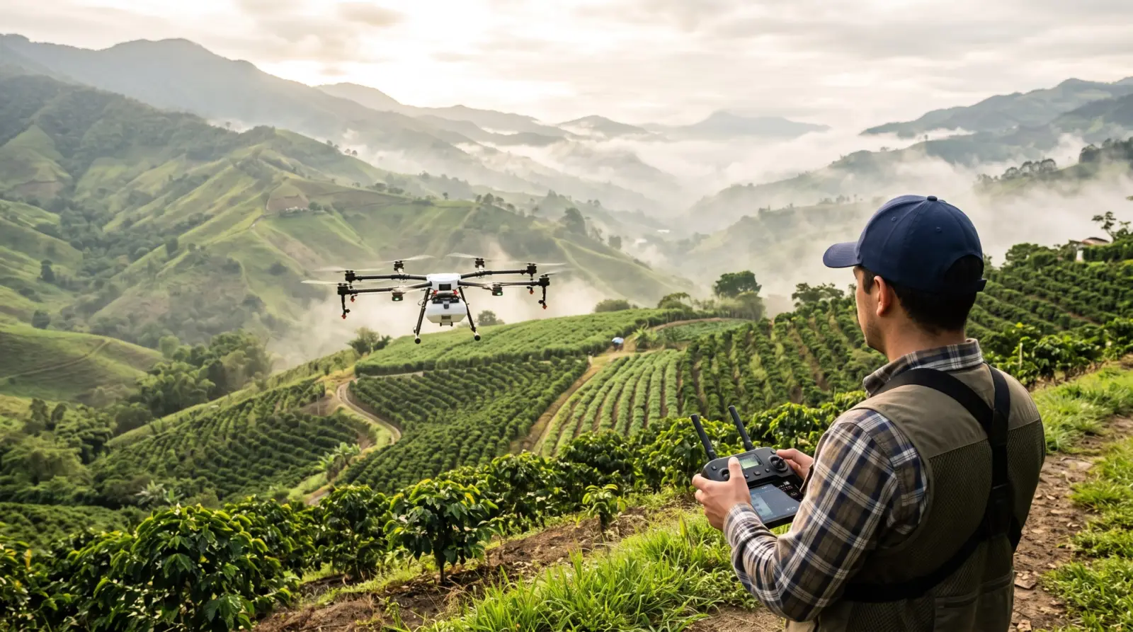 Dron sobrevuela hileras de cultivo en una finca de las montañas del Quindío en Colombia