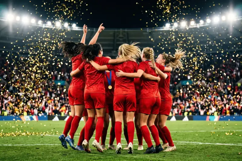 Jugadoras celebran un título mundial de fútbol en el estadio