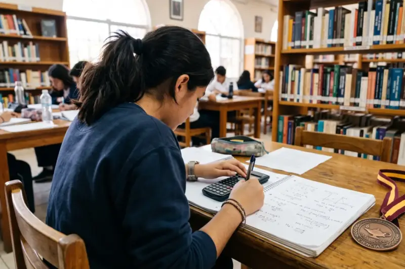 Estudiante de bachillerato resuelve ejercicios de física en una sala de estudio con una medalla sobre la mesa