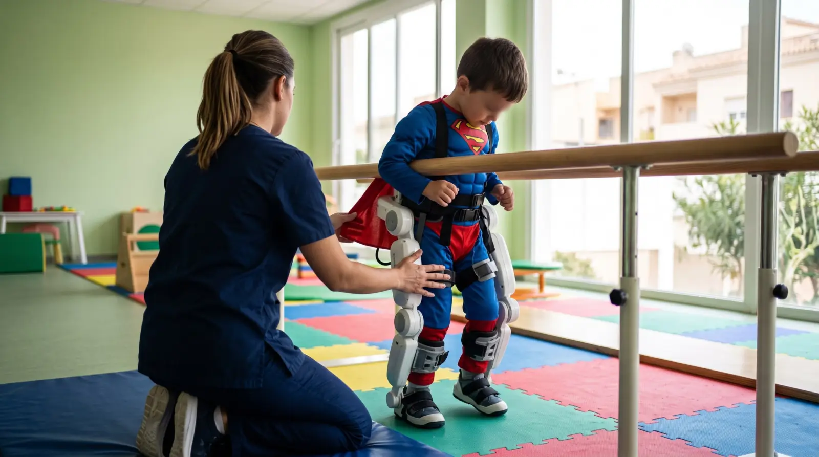 Niño pequeño disfrazado de superhéroe camina con un exoesqueleto pediátrico en un centro de rehabilitación