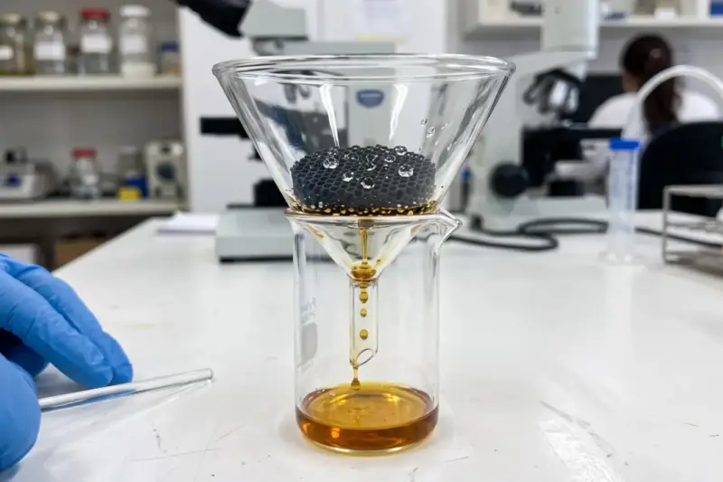 Gotas de agua resbalan sobre una membrana negra impresa en 3D mientras el aceite la atraviesa en un laboratorio