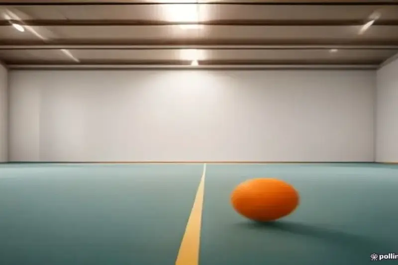 Un balón de balonmano sobre la pista de un pabellón deportivo.