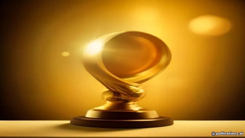 Trofeo de cine dorado sobre una superficie elegante con iluminación escénica.