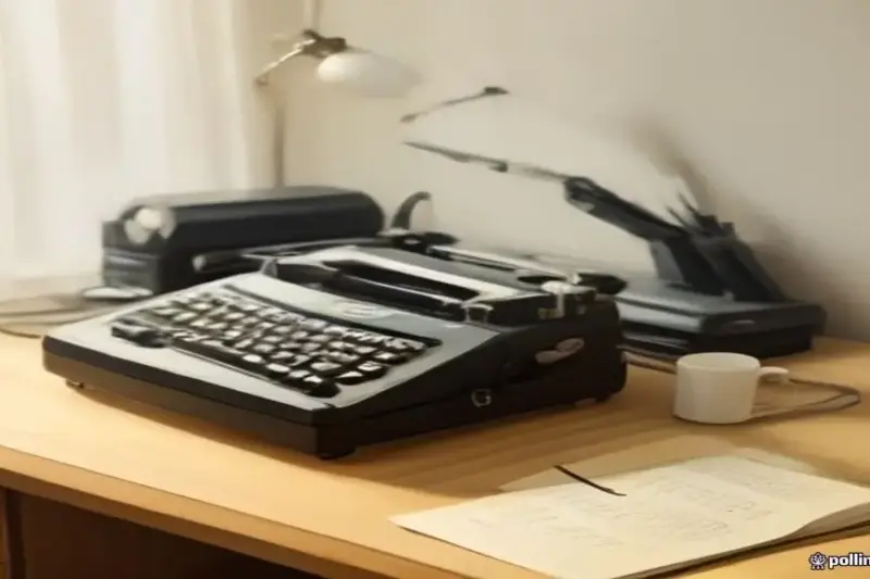Máquina de escribir antigua rodeada de notas y bocetos sobre una mesa de madera.