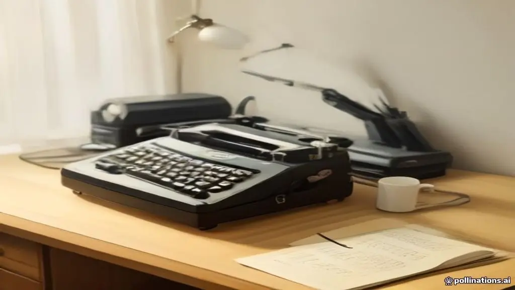 Máquina de escribir antigua rodeada de notas y bocetos sobre una mesa de madera.