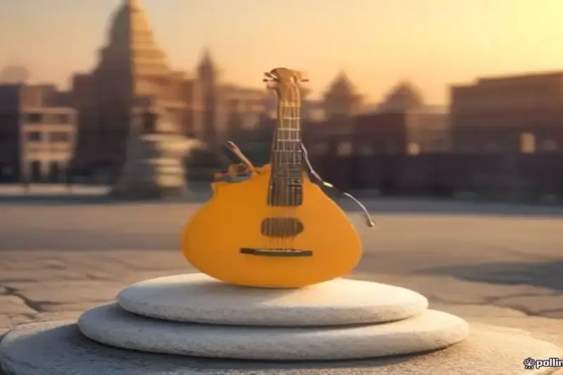 Instrumento musical tradicional sobre un pedestal en un entorno urbano histórico.