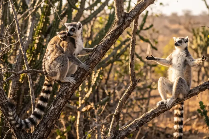 Una hembra de lémur de cola anillada con su cría agarrada al lomo sobre una rama en Madagascar