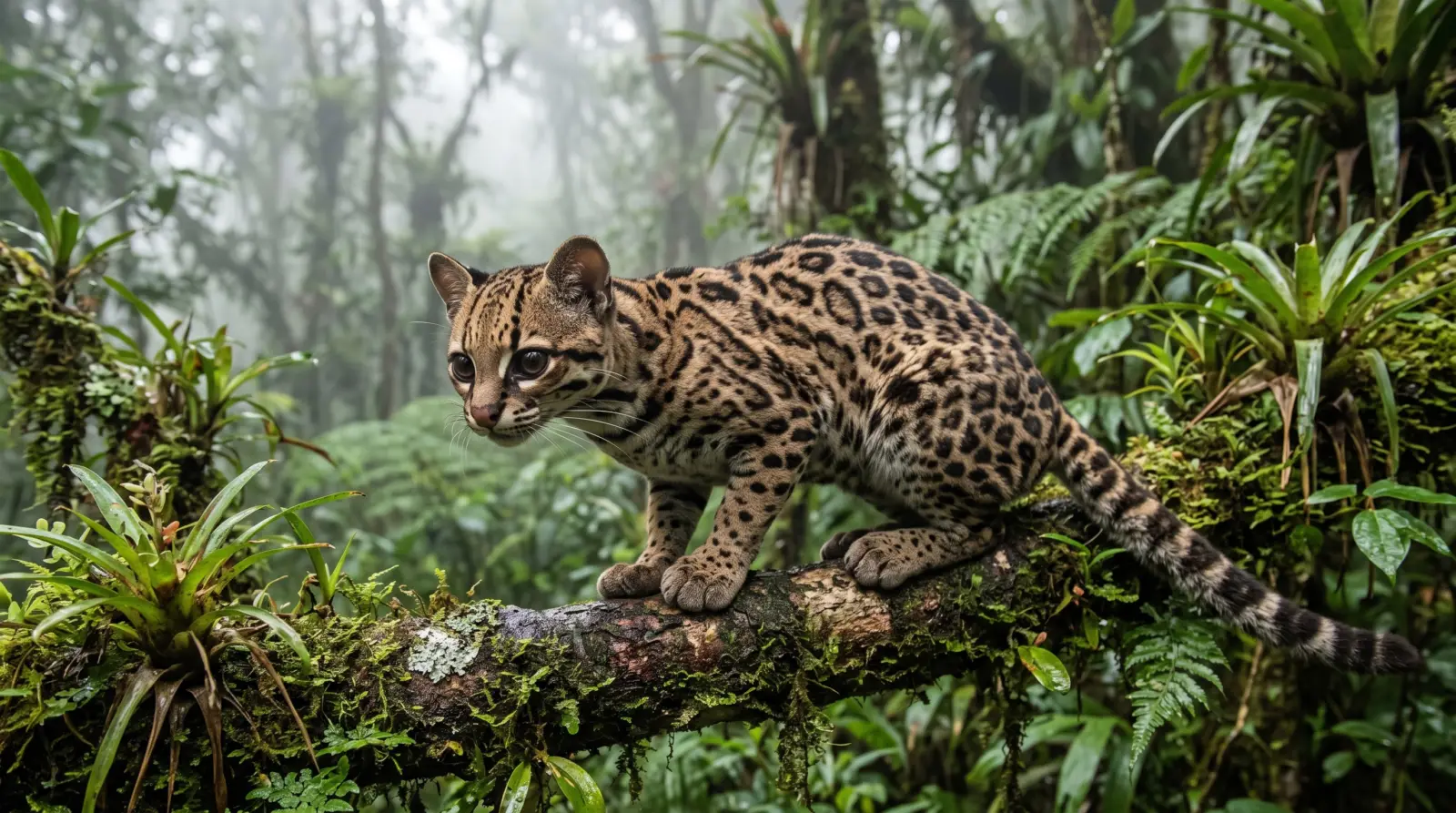 Un pequeño gato salvaje de pelaje marrón claro con manchas descansa sobre una rama cubierta de musgo
