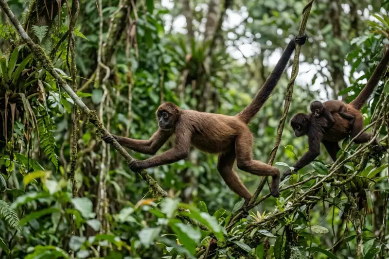 Un mono araña café se desplaza entre las ramas altas de un bosque tropical del Magdalena Medio