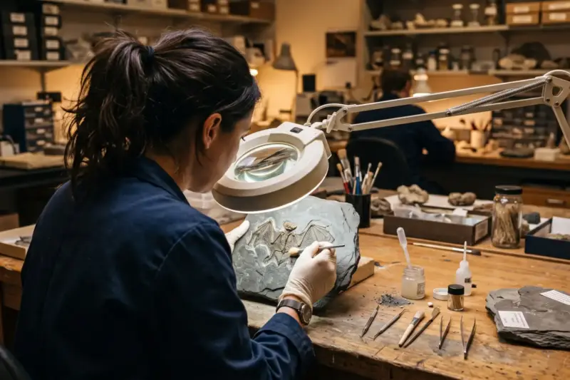 Fósil de murciélago estudiado en un laboratorio de paleontología