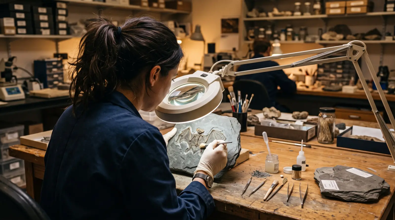 Fósil de murciélago estudiado en un laboratorio de paleontología