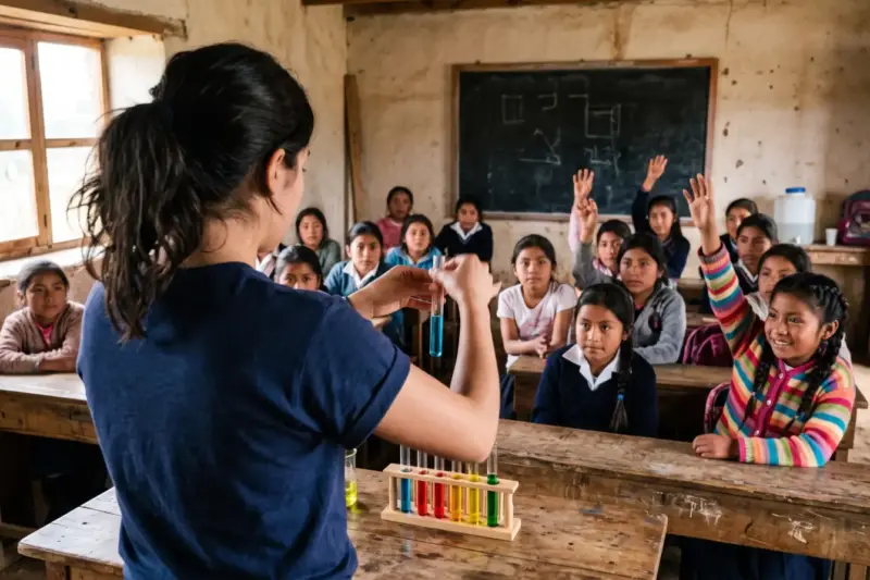Joven voluntaria enseña un experimento de ciencia a un grupo de niñas en una escuela rural de México