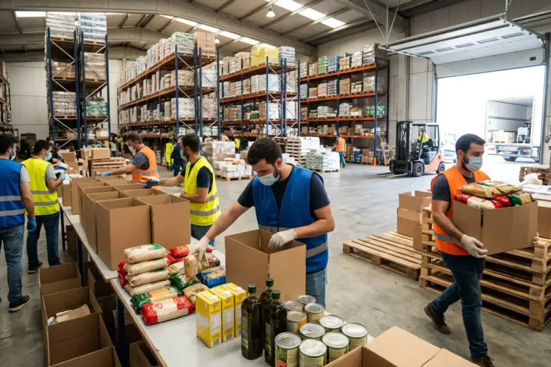 Voluntarios clasifican cajas de alimentos básicos en el almacén de un banco de alimentos