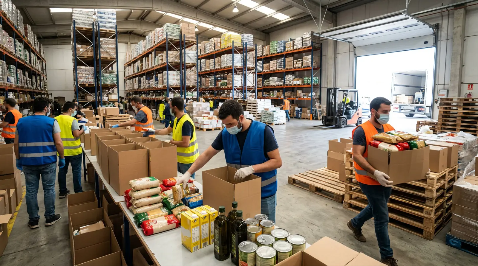 Voluntarios clasifican cajas de alimentos básicos en el almacén de un banco de alimentos