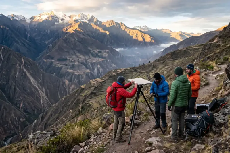 Profundo cañón andino con laderas escalonadas y cumbres a más de 4.000 metros al amanecer