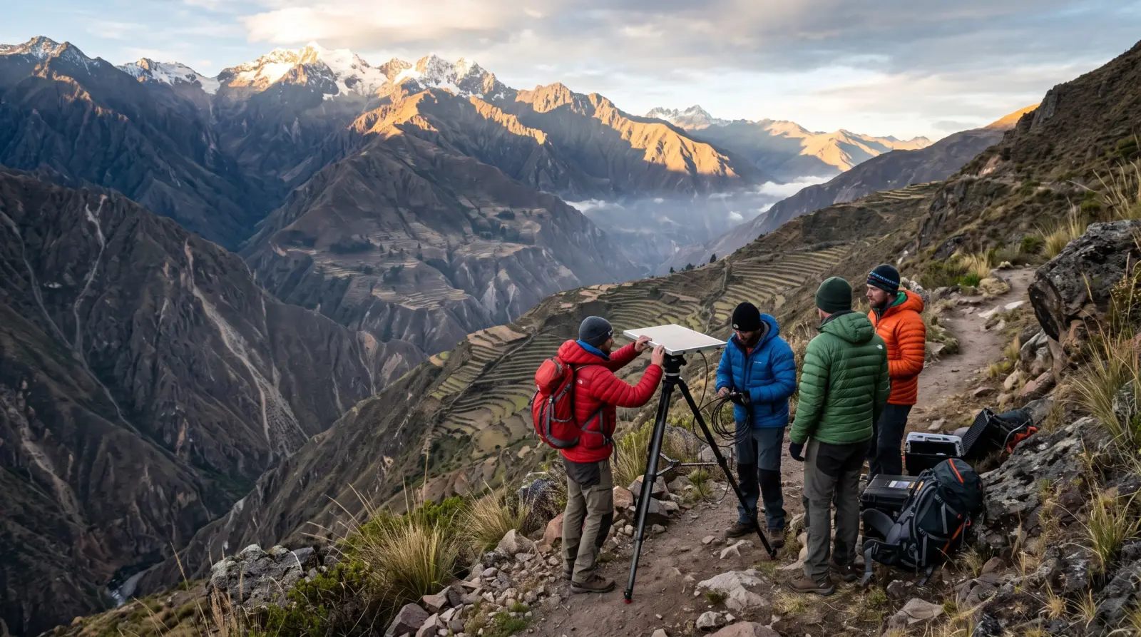 Profundo cañón andino con laderas escalonadas y cumbres a más de 4.000 metros al amanecer
