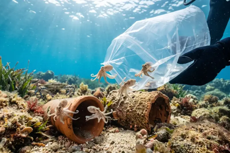 Pequeños pulpos liberados junto a un refugio artificial de arcilla en el fondo del mar Adriático
