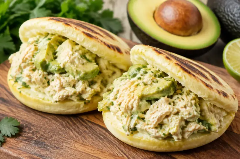 Arepas venezolanas rellenas de reina pepiada de pollo y aguacate