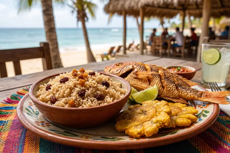 Arroz con coco costeño con pasas junto a pescado frito y patacones