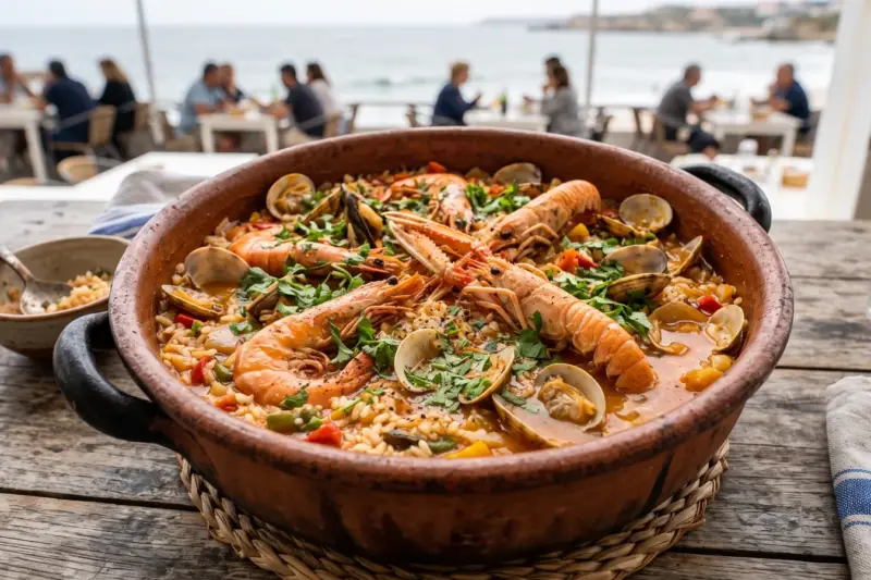 Arroz de marisco portugués caldoso con langostinos, almejas y cilantro