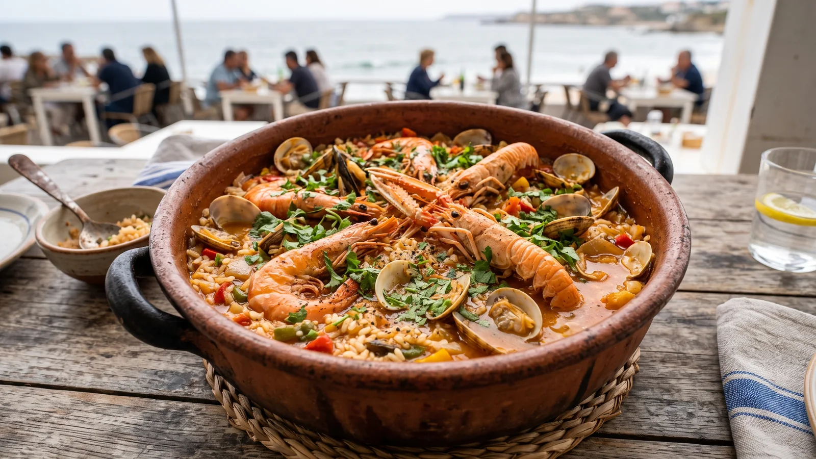 Arroz de marisco portugués caldoso con langostinos, almejas y cilantro