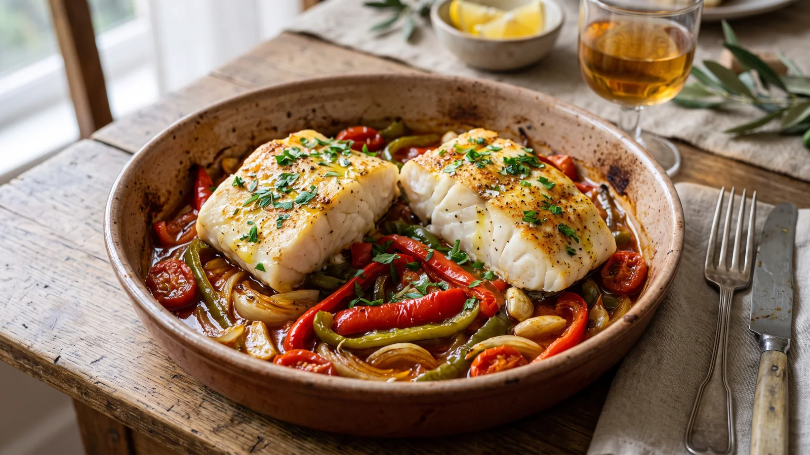 Bacalao al horno sobre pimientos, cebolla y tomate