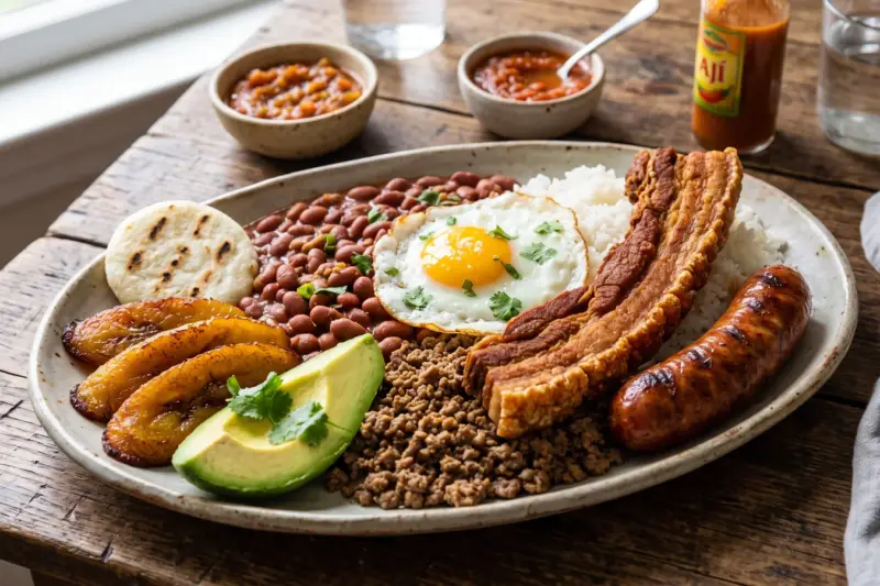 Bandeja paisa con frijoles, arroz, chicharrón, chorizo, huevo frito, plátano y aguacate