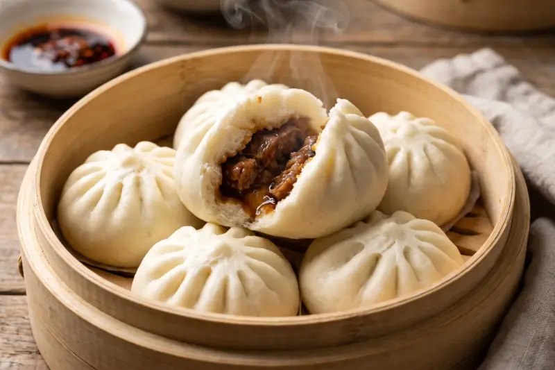 Baozi de cerdo al vapor en cesta de bambú, uno abierto