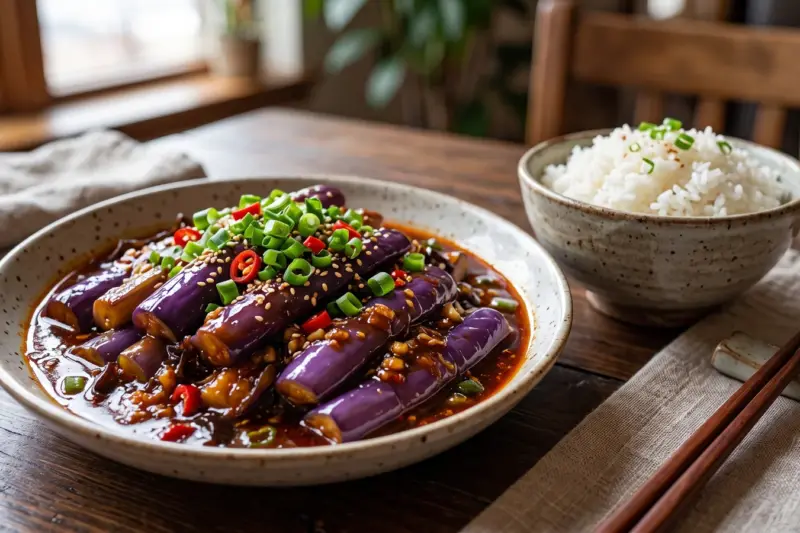 Berenjenas yu xiang en salsa agridulce picante con cebolleta