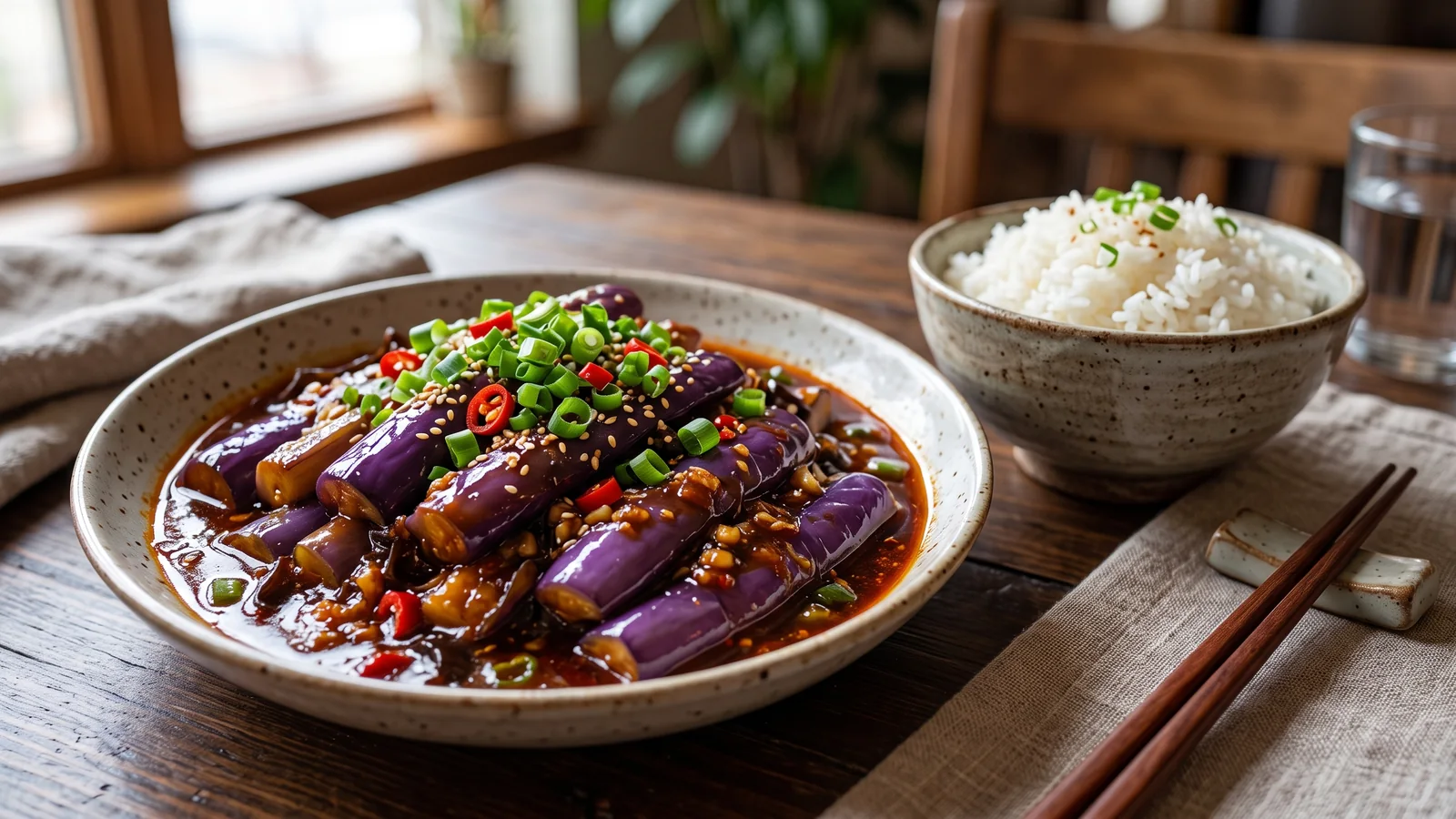 Berenjenas yu xiang en salsa agridulce picante con cebolleta