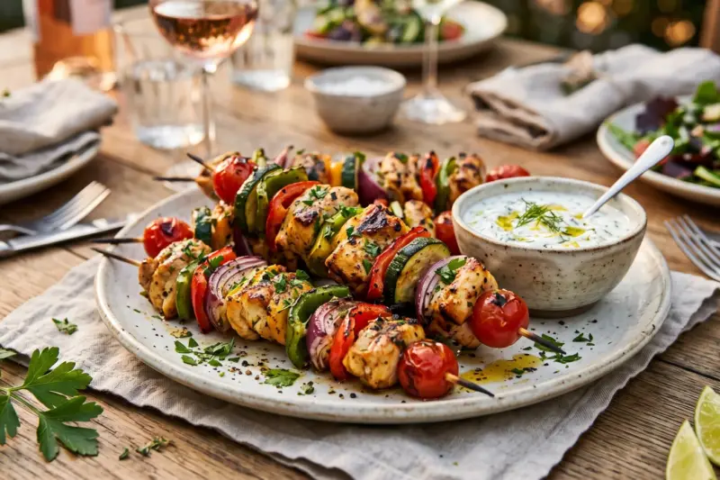 Brochetas de pollo con pimientos, cebolla, calabacín y tomates cherry