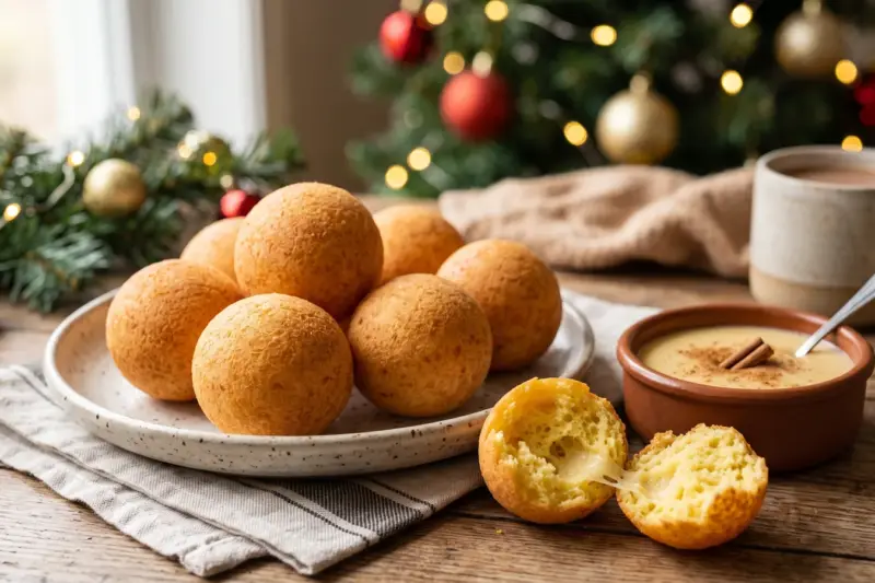 Buñuelos colombianos redondos y dorados, uno abierto por la mitad