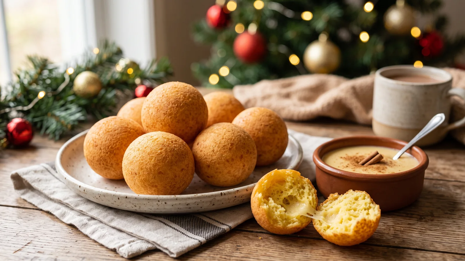 Buñuelos colombianos redondos y dorados, uno abierto por la mitad