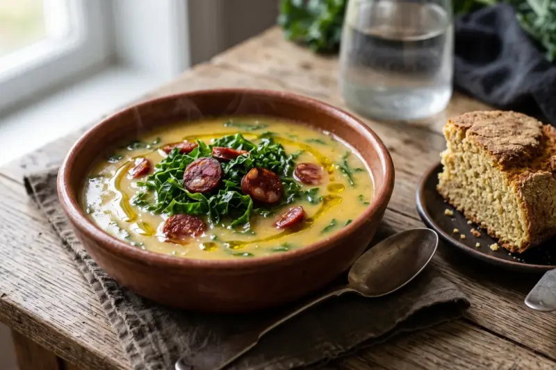 Caldo verde en cuenco de barro con berza y rodajas de chouriço
