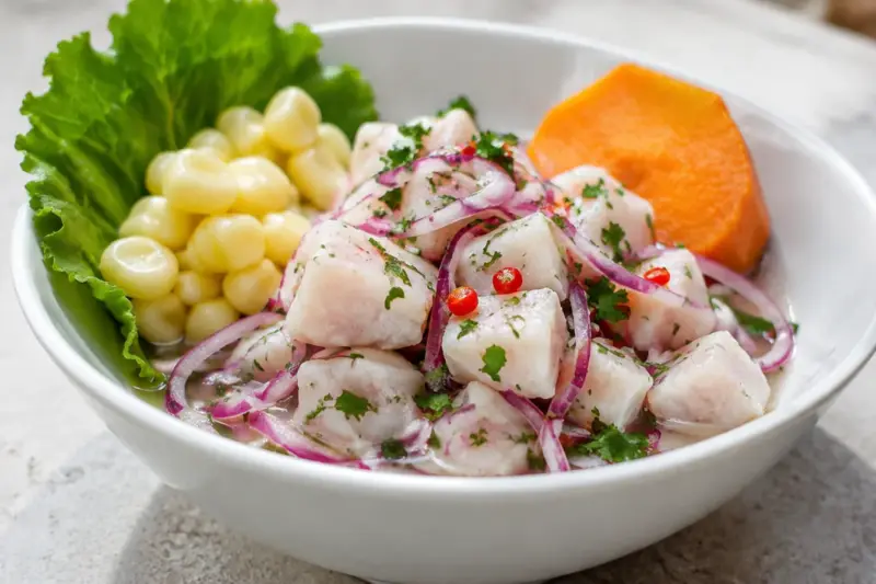 Ceviche peruano con cebolla morada, cilantro, camote y choclo