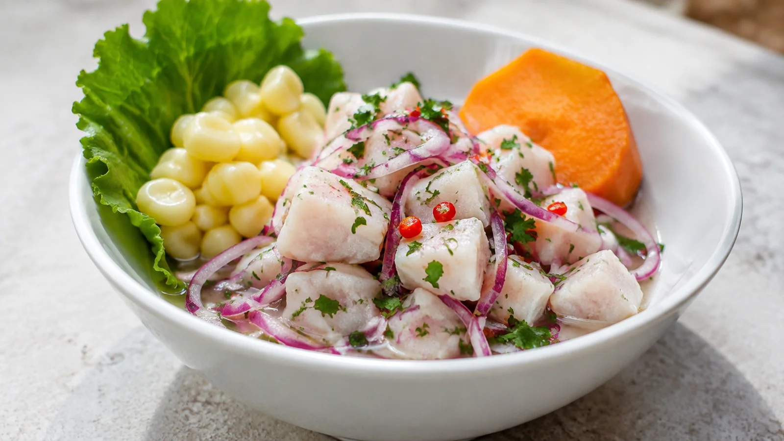 Ceviche peruano con cebolla morada, cilantro, camote y choclo