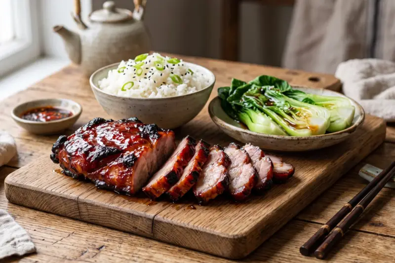 Char siu en lonchas con glaseado rojo caramelizado, arroz y pak choi