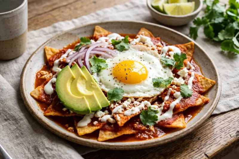 Chilaquiles rojos con huevo frito, crema, queso fresco y aguacate