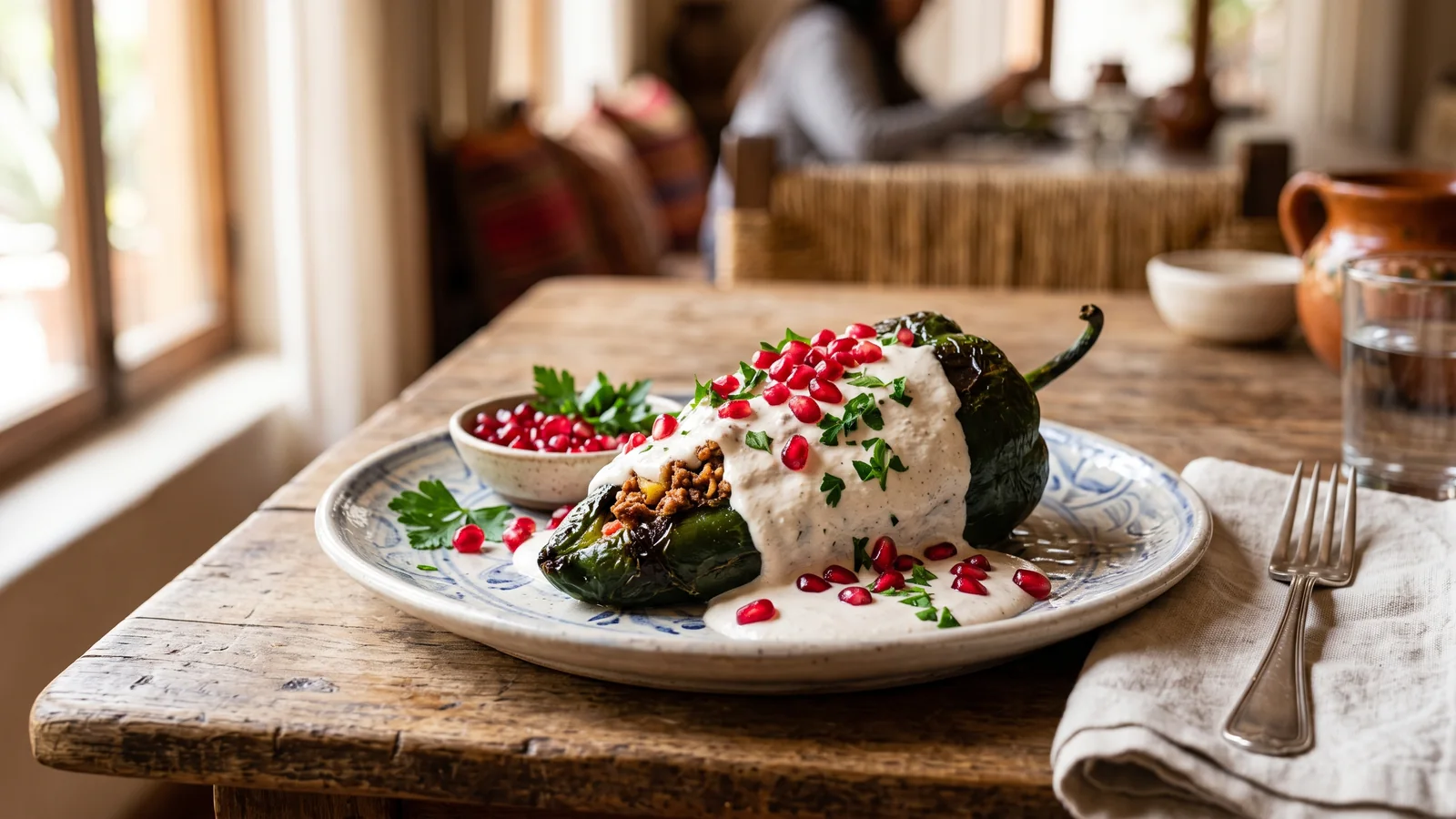 Chile en nogada con salsa de nuez, granada y perejil