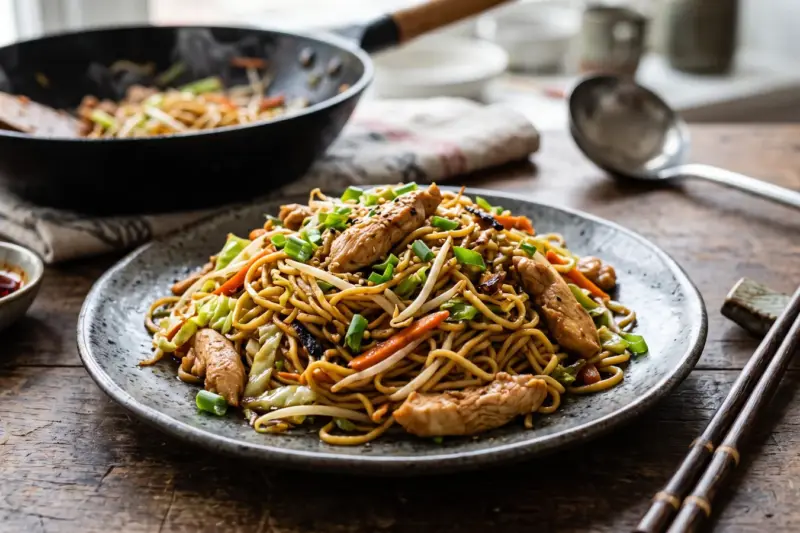 Chow mein de pollo con fideos de huevo y verduras salteadas