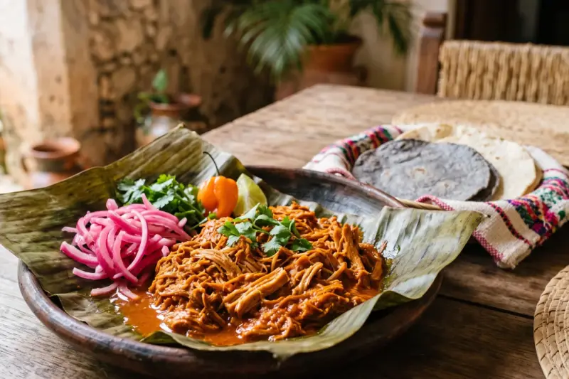 Cochinita pibil deshebrada sobre hoja de plátano con cebolla morada encurtida